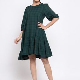 TERQUOIS Women Green Checked Viscose Rayon Oversized A-Line Dress-image-85