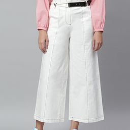 KASSUALLY Women White Solid Belted Culottes Trousers-image-70