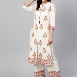 STREET 9 Women Cream-Coloured & Pink Printed Kurta with Palazzos-11