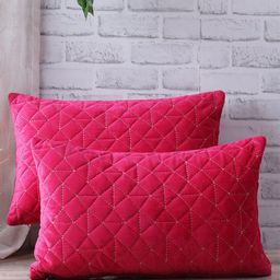 eyda Set Of 2 Fuchsia Pink & Silver-Toned Geometric Velvet Rectangle Cushion Covers-8