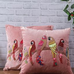 eyda Set Of 2 Peach & Red Embroidered Velvet Square Cushion Covers-25