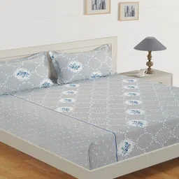 SWAYAM Grey & Blue Floral 144 TC Cotton Queen Bedsheet with 2 Pillow Covers-image-25