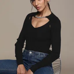 bebe Women Black Ribbed Sweater Vest with Shrug-image-75