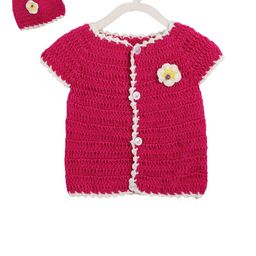 CHUTPUT Kids Pink Self Design Front-Open Crochet Woolen Sweater-58