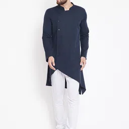 even Men Navy Blue Solid Straight Asymmetric Kurta-image-84