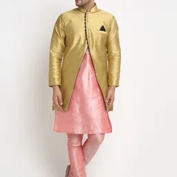 Benstoke Men Pink & Gold-Toned Solid Kurta with Pyjamas-image-85