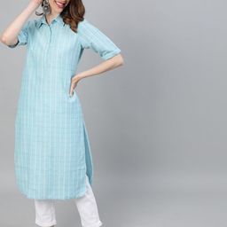 Jaipur Kurti Women Blue & White Striped Kurta with Trousers-picture-43
