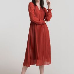 FableStreet Women Rust Pleated Fit and Flare Dress-picture-28