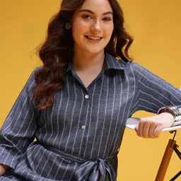 HERE&NOW Striped Belted Midi Shirt Ethnic Dress-picture-22