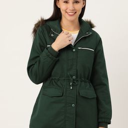 DressBerry Women Green Solid Longline Parka Jacket with Detachable Hood-image-53