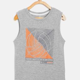 Alcis Boys Grey Melange & Navy Blue Baseball Print Sleeveless T-shirt-image-68