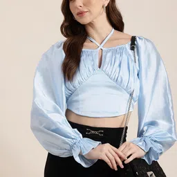 HERE&NOW Tie-Up Neck Smocked Pleated Satin Finish Corset Crop Top-image-92