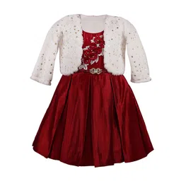 Wish Karo Girls Maroon & White Embellished Silk Fit and Flare Dress With Shrug-image-70