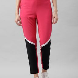 Athena Women Fuchsia & Black Colourblocked Skinny Fit Regular Trousers-26