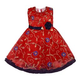 Wish Karo Girls Maroon & Gold-Coloured Embroidered Fit and Flare Dress-picture-2