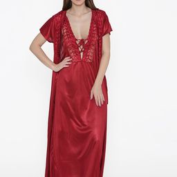 N-Gal Maroon Embroidered Lace Bridal Nightdress With Robe-picture-1