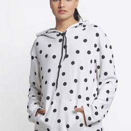 DOOR74 Women White Polka Dot Printed Cotton Hooded Sweatshirt-image-69