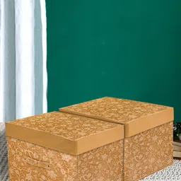 Kuber Industries Set Of 2 Beige & Brown Floral Print Foldable Wardrobe Organizer Box With Lid-5