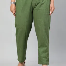 Jaipur Kurti Women Olive Green Regular Fit Solid Regular Trousers-picture-55