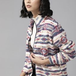 The Roadster Lifestyle Co. Women White & Navy Blue Self-Design Sherpa Sweatshirt-picture-22