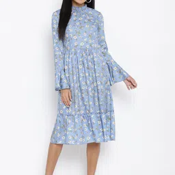 THREAD MUSTER Women Blue Floral Printed Smocked Fit and Flare Dress-picture-15