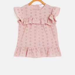 KIDKLO Girls Pink Self Design Schiffli Pure Cotton Top-image-125