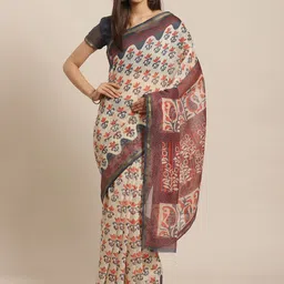Saree mall Beige & Orange Floral Silk Blend Sarees-image-77