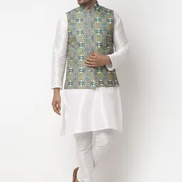 Benstoke Men White & Green Solid Kurta with Churidar & Nehru Jacket-image-90