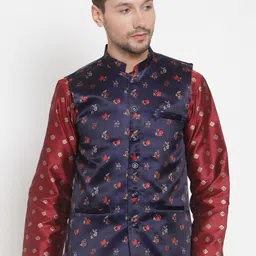 KLOTTHE Men Navy Blue Printed Nehru Jacket-image-36