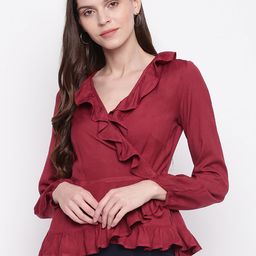 Mayra Women Maroon Solid Ruffle Wrap Top-image-48
