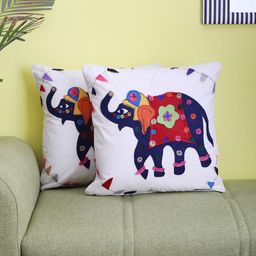 VarEesha White & Blue Set of 2 Elephant Patch Work Square Cushion Covers-47