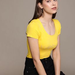 bebe Women Daisy Daze Essential Solid Beads & Stones Detailing Slim Fit Casual T-shirt-image-69