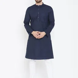 even Men Navy Blue & White Solid Straight Kurta-image-90
