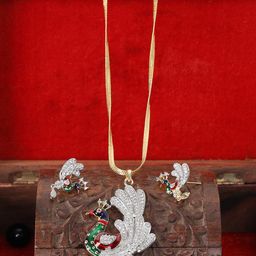 ANIKAS CREATION Gold-Plated White & Green Stone-Studded Peacock-Shaped Handcrafted Jewellery Set-25