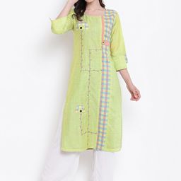 Kvsfab Women Green Checked Straight Kurta-image-76