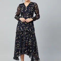 Athena Women Navy Blue Printed Fit and Flare Dress-image-23