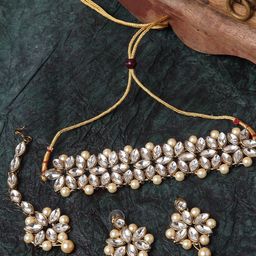 Shining Diva Gold-Plated White & Cream-Coloured Kundan Studded Beaded Antique Jewellery Set-image-26