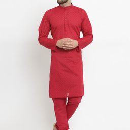 Jompers Men Maroon Embroidered Kurta with Pyjamas-image-50