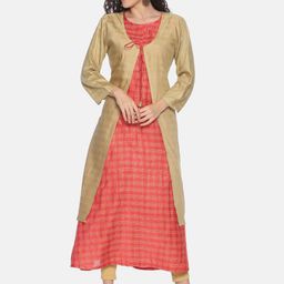 Resha Women Coral Red & Gold-Toned Checked Layered A-Line Kurta-image-99