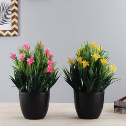 FOLIYAJ Unisex Set of 2 Yellow & Pink Artificial Lilly Plants with Pot-10