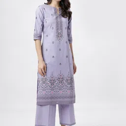 Vishudh Women Lavender & Green Floral Printed Thread Work Kurta-image-16