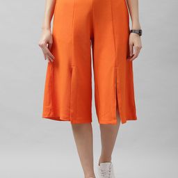 Athena Women Orange Flared Solid Culottes with Front Slit Detail-image-54