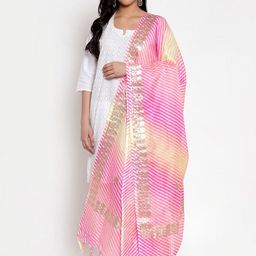 SOUNDARYA Yellow & Pink Striped Gota Patti Cotton Dupatta-picture-43