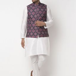Benstoke Men White & Purple Solid Kurta with Churidar & Jacket-image-83