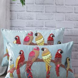 eyda Set Of 2 Turquoise Blue & Pink Embellished Velvet Rectangle Cushion Covers-54