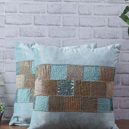 eyda Set Of 2 Turquoise Blue & Gold-Toned Embellished Velvet Square Cushion Covers-14