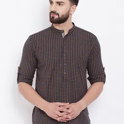 even Men Blue & Mustard Yellow Checked Straight Kurta-image-80