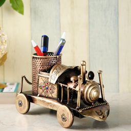 CraftVatika Copper-Toned & Black Train Engine Decorative Pen Stand Mobile Holder Showpiece-39