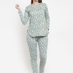 Claura Women Green & White Printed Night Suit Cot-151-image-37