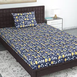 Divine Casa Navy Blue & White Ethnic Motifs 120 TC Cotton 1 Single Bedsheet & Pillow Cover-image-48